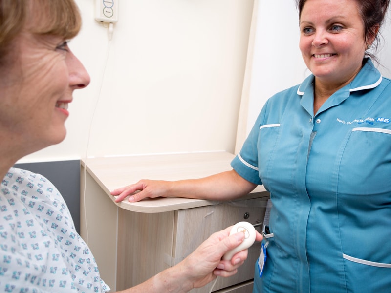 A nurse and patient at Warrington Hospital which uses a Courtney Thorne Nurse Call System