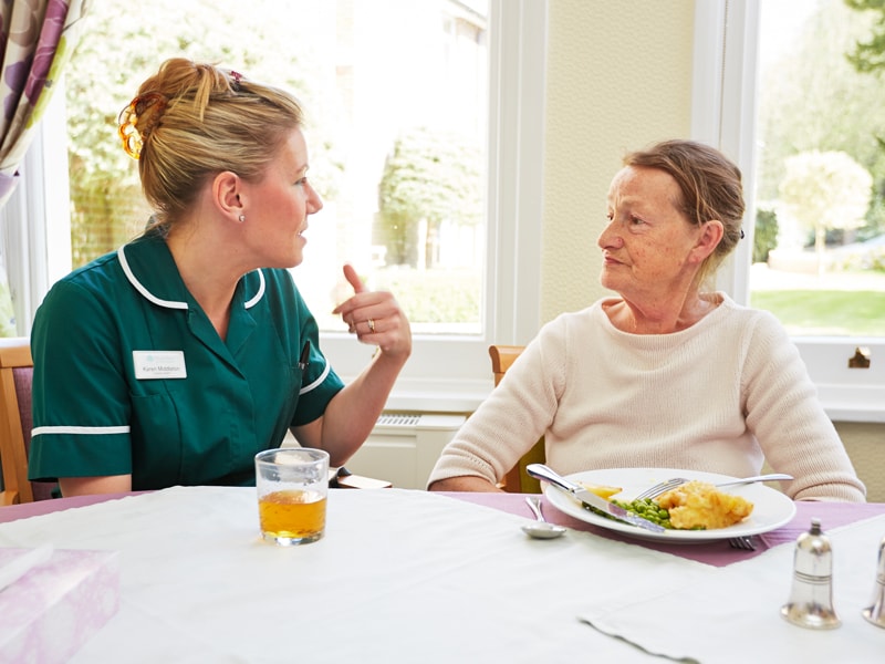 A care nurse and resident at the Montreux Living Care Home which uses a Courtney Thorne Nurse Call System